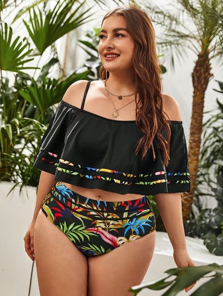 

plus leaf print ruffle bikini swimsuit v2aa#, Black