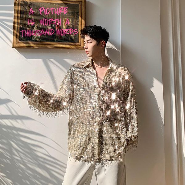 

men's casual shirts stage show clothing men see through long sleeve tassel sequins shirt male retro fashion streetwear loose dress, White;black