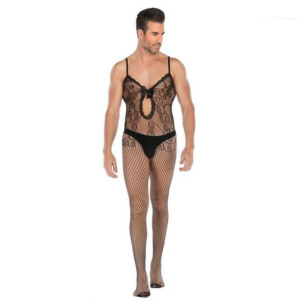 

underwear men slim spaghetti strap jumpsuits mens lace set underwears man mesh high elestic see though temptation, Black;white