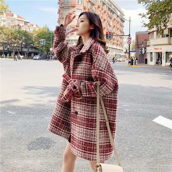 

2021 autumn winter woolen coat women fashion outerwear turn-down collar sigle breasted full sleeve plaid tweed coat, Black