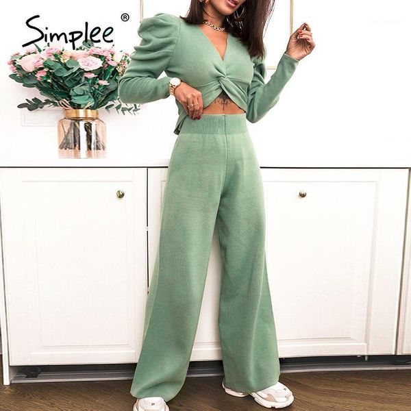 

simplee v-link long puff sleeve women suits knitted two-piece casual female playsuits high fashion solid women jumpsuits 20201, Gray