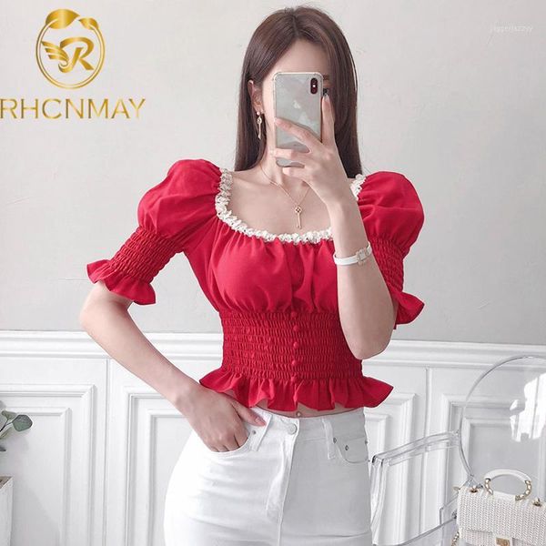 

women's blouses & shirts 2021 summer elegant square collar short puff sleeve blouse female fashion hit color office ladies shirt1, White