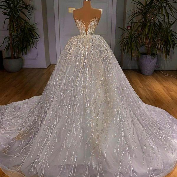 2021 Abiti da ballo di lusso con paillettes Abiti da sposa Perline di cristallo Scollo a V Abiti da sposa gonfi principessa Abito da sposa senza schienale Robes de mari￩e