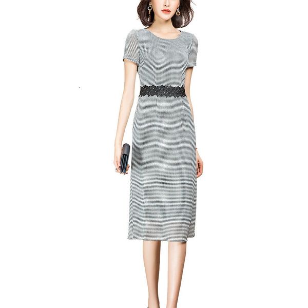 

summer elegant thin short sleeves plaid dress lady mwnd, Black;gray