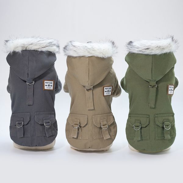 

pet autumn winter new clothing dog european and american style cotton cloth army green cotton-padded coat with hat