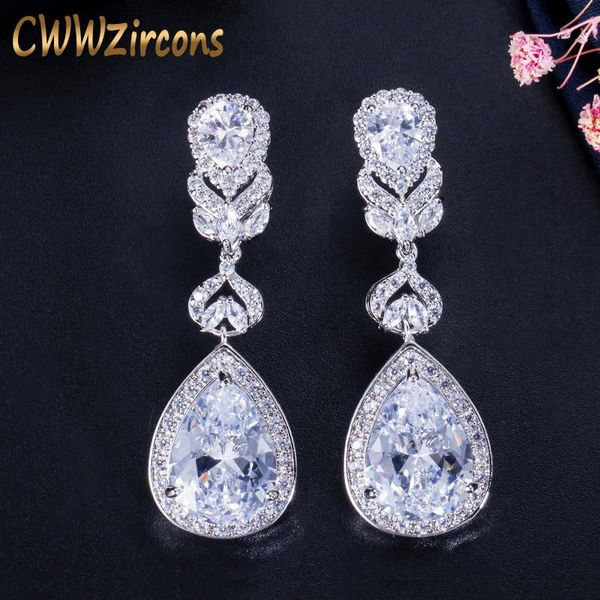 

cwwzircons elegant water drop shaped cubic zirconia crystal bridal long earrings luxury wedding jewelry for brides cz166, Silver