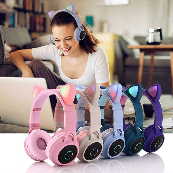 

kids bluetooth 5.0 headphones led light cat ears headset wireless earphone hifi stereo bass headphone for phones with microphone