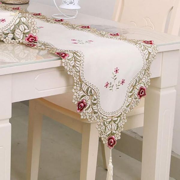 

pastoral table runner embroidered flower leaves hollow polyester table covers dustproof decor for home party wedding