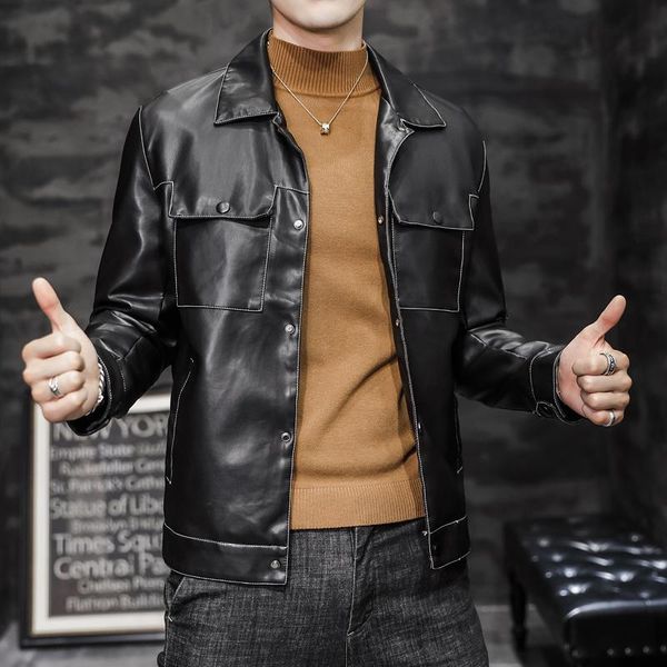 

men's fur & faux autumn long sleeve black pu leather motorcycle jackets men clothing 2021 single breasted casual coats 4xl-m