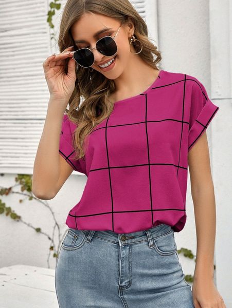 

windowpane plaid rolled cuff blouse 80xt#, White