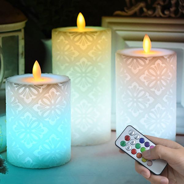 Vela de LED remoto sem fio com chama dançando luz LED, vela de pilar de cera para decoração de casamento / luz da noite, velas de Natal Y200109