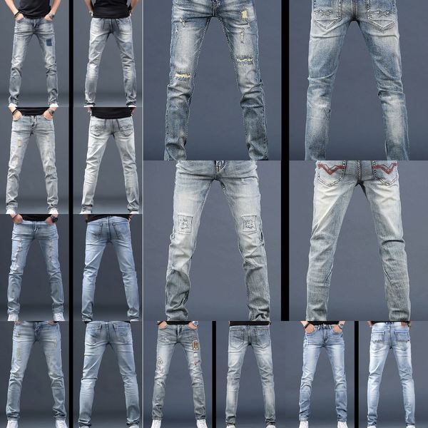 

ffs2f light-colored and pants spring ripped jeans men's jeans and jeansembroidered jeansslim-fit stretch straight summer korean style t, Blue