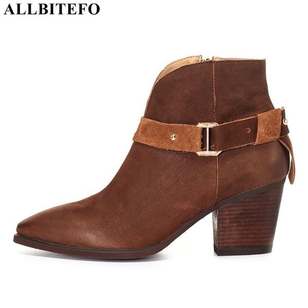 

allbitefo large size:34-42 genuine leather brand high heels ankle boots for women thick heels women high heel shoes shoes, Black