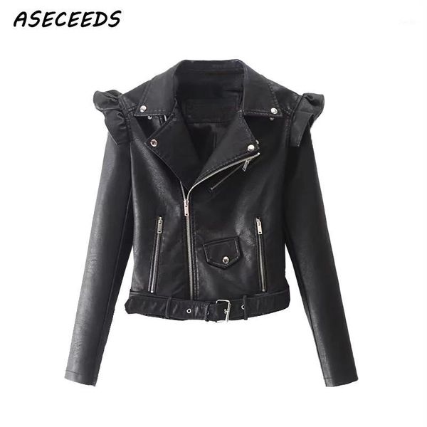 

spring women ruffles faux leather pu jacket zipper punk rock motorcyle coats 2018 logn sleeve biker leather jacket streetwear1, Black