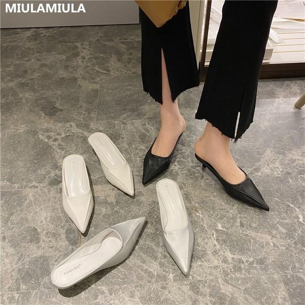 

miulamiula марка конструкторы 2020 spring новая мода luxury плиссе кожа остроконечные обувь kitten heels lady насосы бездельников мулов, Black