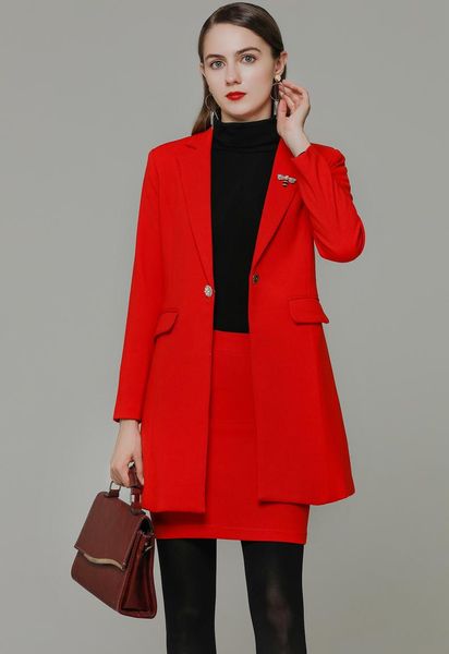 

fabric warm winter formal women business suits with skirt and middle long windbreaker styles ladies blazers set, White