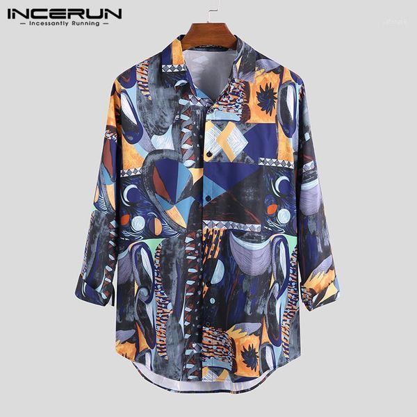 

incerun long sleeve shirt men printing korean style loose fashion lapel hawaiian brand shirts men 2021 high street hip-hop 1, White;black