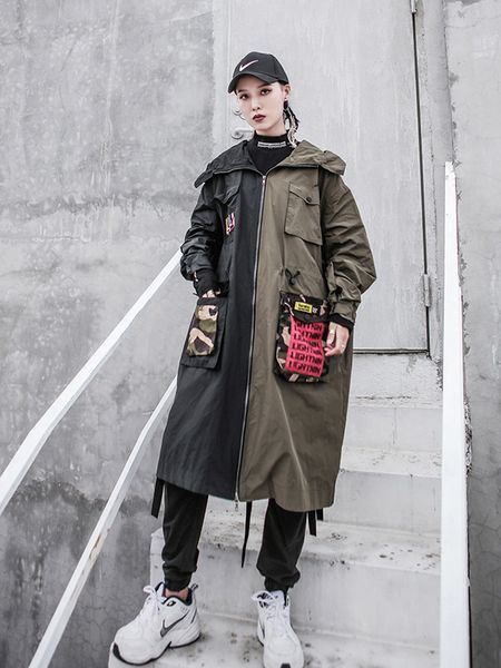 

women's trench coats hebaoli vintage streets trend spring and autumn korean style large size casual patchwork hoodie chic coat western, Tan;black