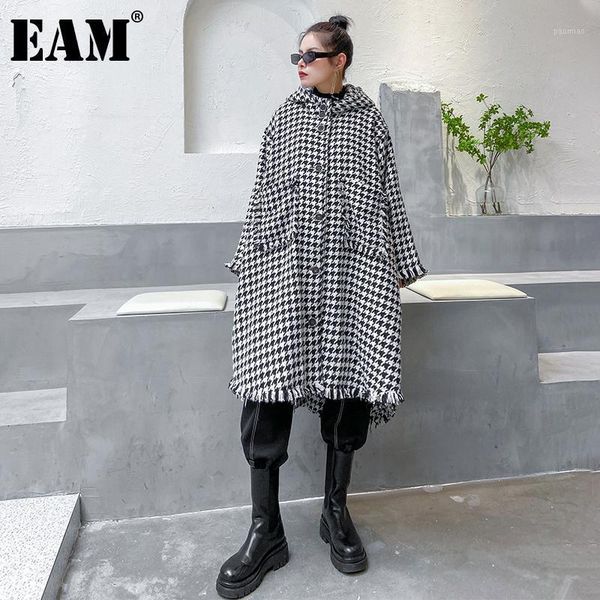 

eam] loose fit big size plaid irregular woolen coat new long sleeve women parkas fashion tide autumn winter 2020 1dd06011, Black