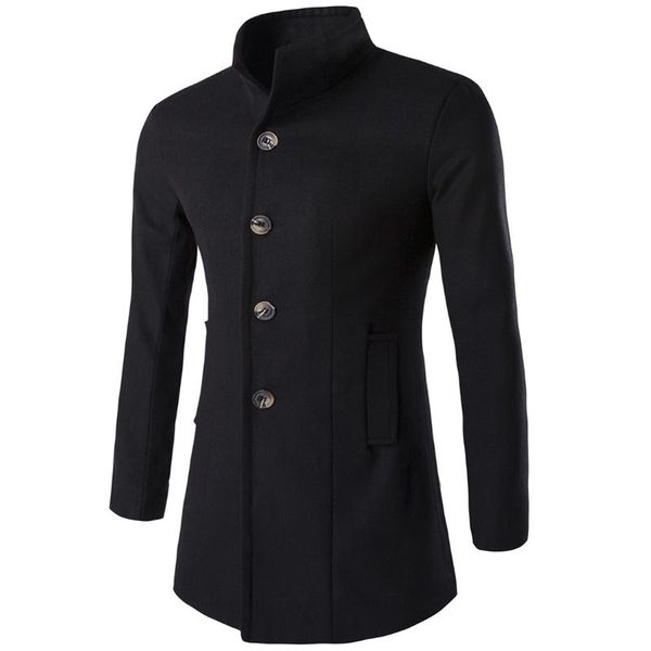 

2020 autumn new style fashion solid color fold-down collar mid-length woolen overcoat men trench coat yf91, Black
