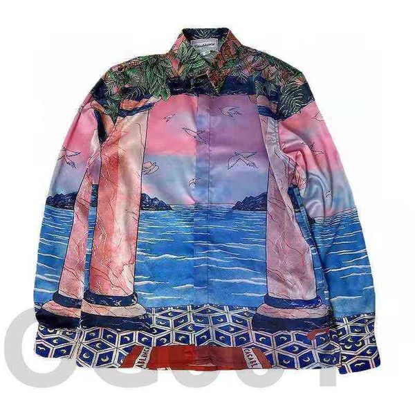 

roman casablanca column pattern wave printed silk men's and women's hawaiian long sleeve shirt, White;black