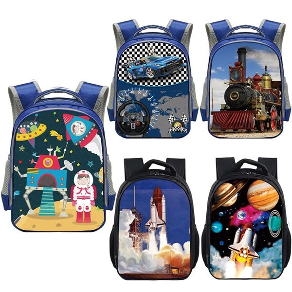 

cartoon rocket locomotive car backpack children school bags for boys girls steam train spaceship kindergarten bag kids schoolbag lj201225