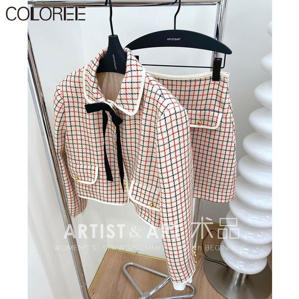 

brand designers vintage two piece set women 2020 autumn winter clothes elegant plaid wool coat+mini skirt two piece outfits, Gray