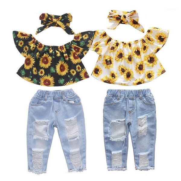 

1-6y summer kids baby girl clothes sets suits girls flying sleeves sun flower short sleeves+denim pants+headband 3pcs suits sets1, White