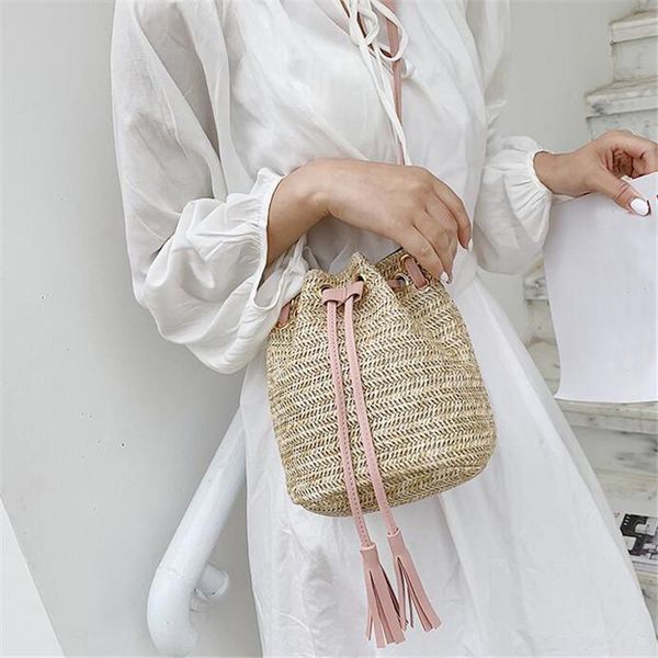 

women bohemia handbags sweet woven square shoulder drawstring bucket purely hand-made casual drawstring crossbody beach bags