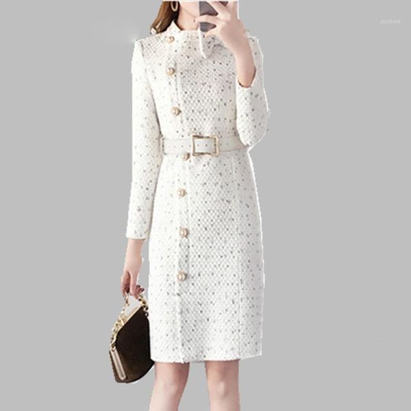 

fall winter women plus size long sleeve tweed dress female slim with belt midi dress elegant bowknot office1, Black;gray