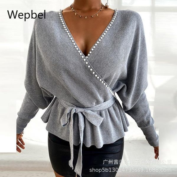 

wepbel women lace up sweaters solid color loose jumpers lady cardigan knitted sweaters casual long-sleeved female 1, White