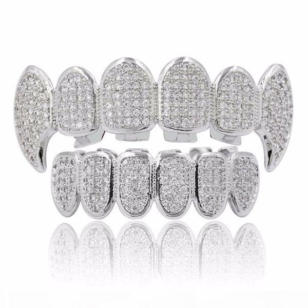 

new shining hip hop grillz iced out cz fang mouth teeth grillz caps & bottom grill set men women vampire grills, Black