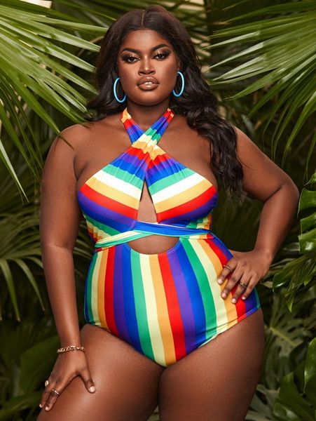 

plus rainbow stripe cross one piece swimsuit c5m0#, Black