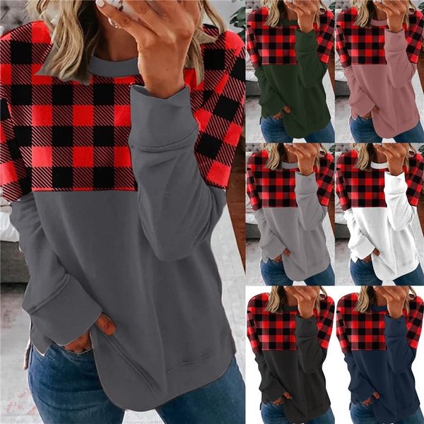 

spring autumn women patchwork plaid t-shirt long sleeve round necks fashion loose blouse casual sports home clothes g11401, Blue;red