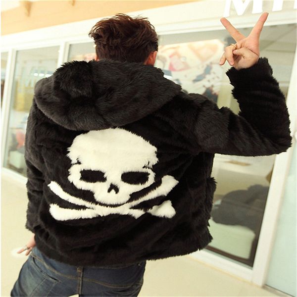 

black street fashion men faux fur skull head fur hoody jackets hip hop fashion artificial fur jackets