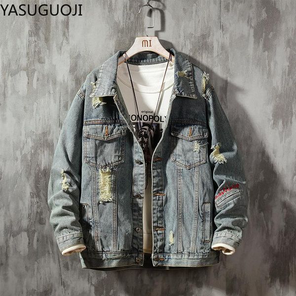 

yasuguoji mens jackets and coats black holes denim jacket men fashion men loose casual jean jackets outwear denim, Black;brown