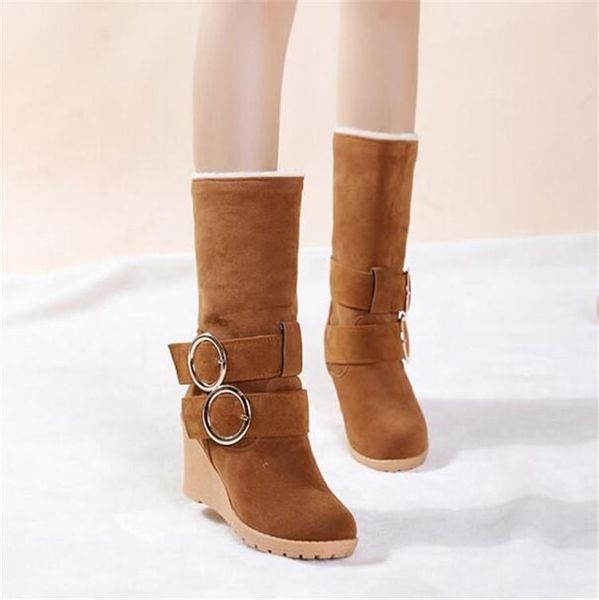 

boots pxelena 2021 winter warm mid calf women shoes wedge high heels buckle decor slip on flock snow female brown black