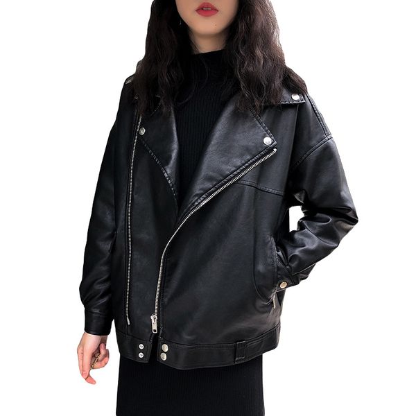 

2021 new spring women faux jacket female green leather jackets outwear motocycle ladies coats 5w9g, Black