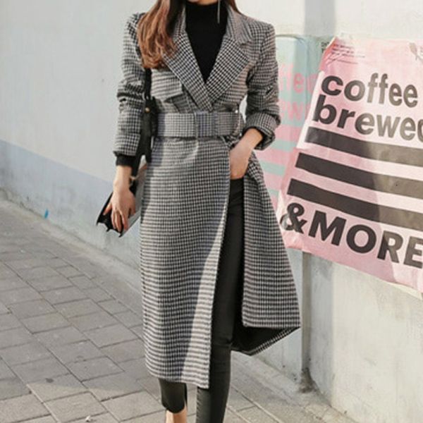 

2021 new style korean stylish suit mid-length collar fashion belt-tight houndstooth wool coat outerwear 02u7, Tan;black