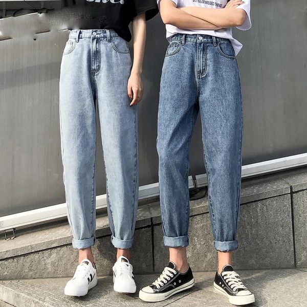 

high waist jeans woman plus size street style elastic waist denim pants cotton loose coated vintage washed boyfriend jeans, Blue