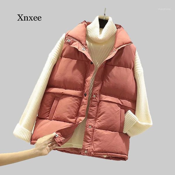 

2021 women sleeveless vest winter warm plus size 2xl down cotton padded jacket female veats mandarin collar sleeveless waistcoat1, Black;white