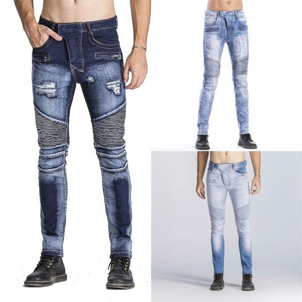 

high-quality men fashion distressed ripped skinny jeans slim fit motorcycle moto biker jeans elastic denim hip hop punk, Blue