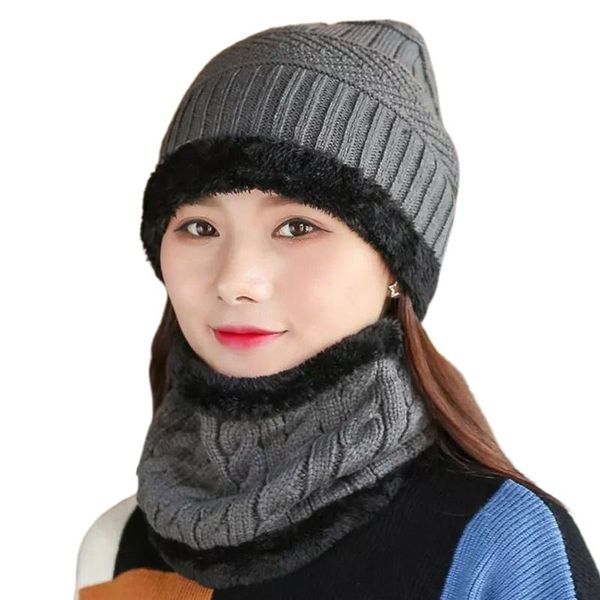 

2pcs winter chunky knit beanie hat circle scarf set plush lined warm skull cap, Blue;gray