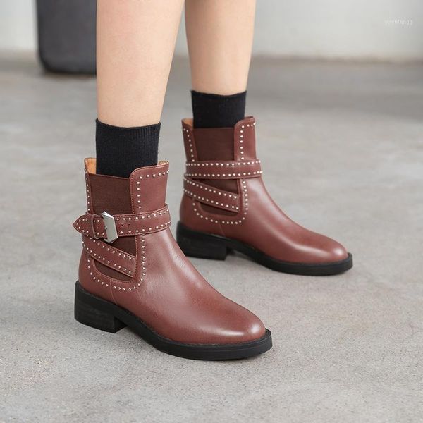 

rivets buckle genuine leather women ankle boots punk motorcycle boots party shoes woman med heels female short1, Black