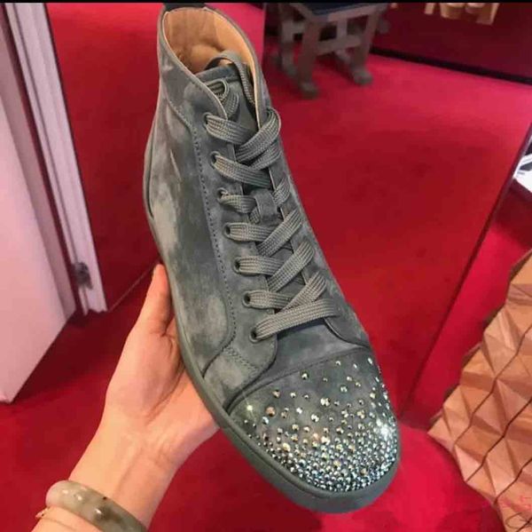 

2020 new men's high cut suede with rhinestone shoes sports trainers flats red bottom shoes for men women sneakers grey ing, Black