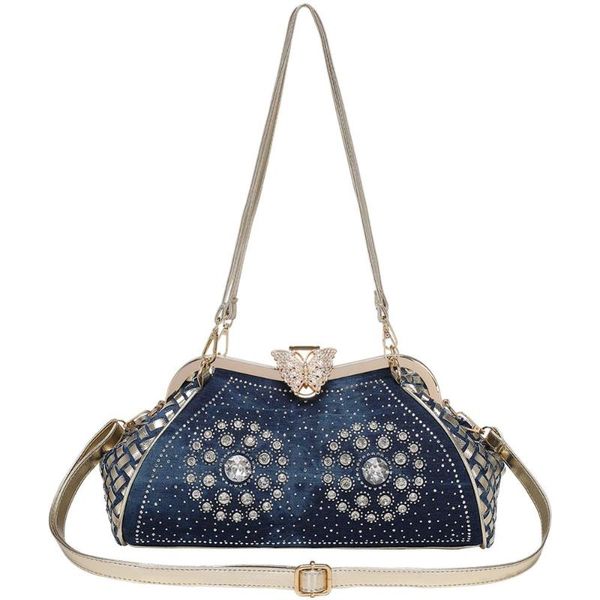 

modoker jeans handbags for women, shiny denim purses, rhinestone satchel, kiss clasp bags with detachable shoulder strap, dark b