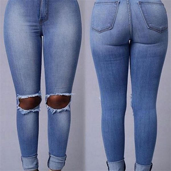

2020 fashion versatile skinny light blue ripped jeans long high waist small foot pencil pants slimming new style with pockets y1214