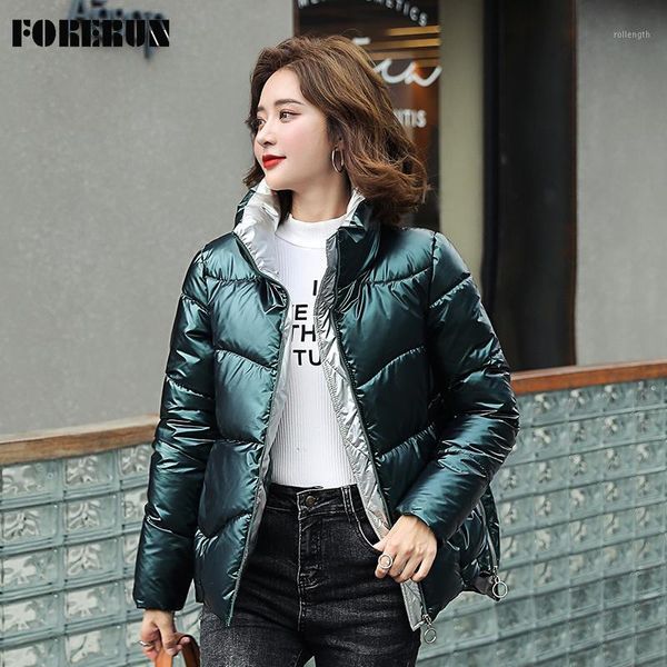 

forerun women winter jacket oversized glossy bubble coat casual standard collar cotton padded patchwork warm puffer jacket 3xl1, Black