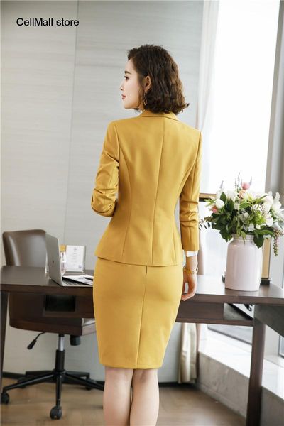 

novelty yellow styles autumn winter formal women business suits with blazer and skirt for ladies office work wear blazers, White