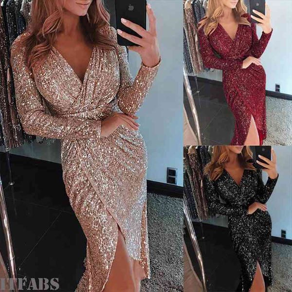 

fashion women v neck glitter sequin evening club dress bodycon elegant ladies long sleeve party maxi slim dress, Black;gray